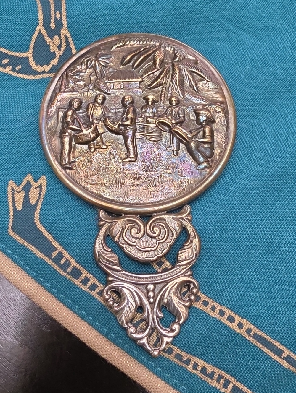 Vtg HANS Jensen Denmark Ornate Vintage-Style Brass Hand Mirror Tropical Scene